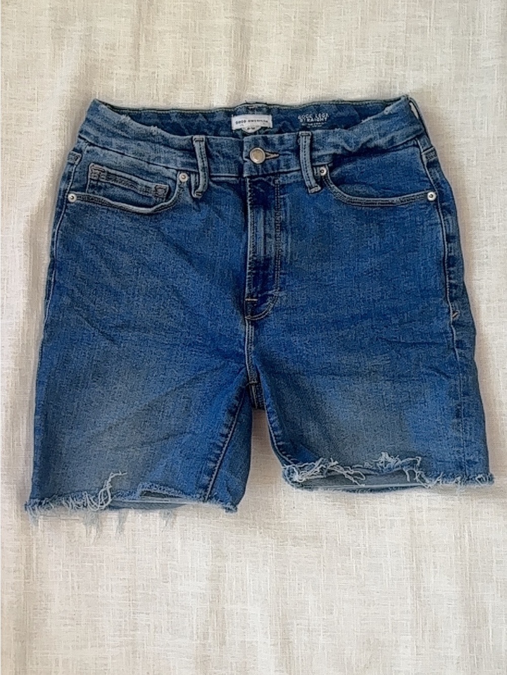 Good American Medium Blue Denim Shorts with Button Fly
